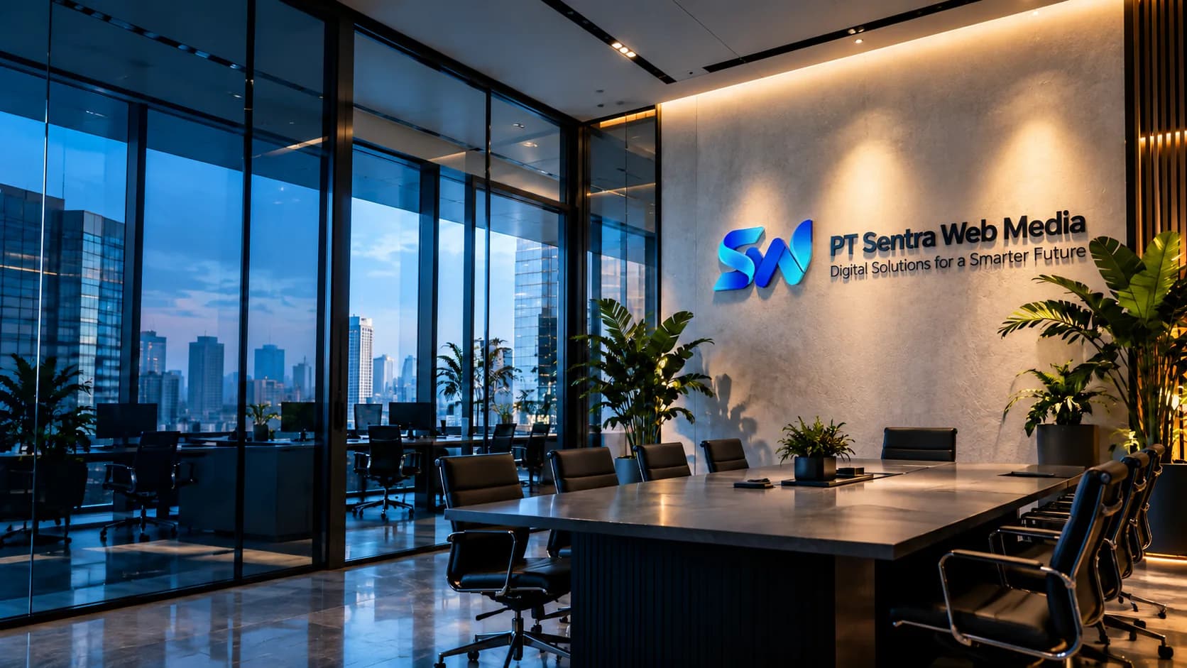 Ruang rapat PT Sentra Web Media dengan logo SWM pada dinding